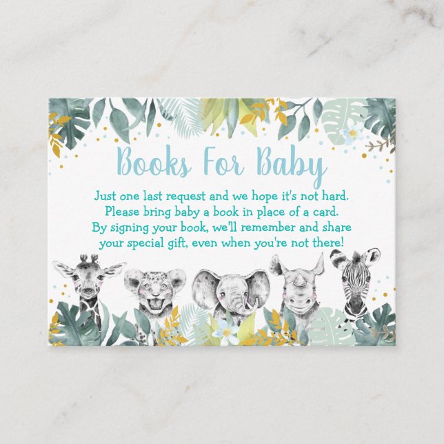 Tarjeta De Recepción Blue Gold Wild One Safari Baby Shower Book Request (Anverso)