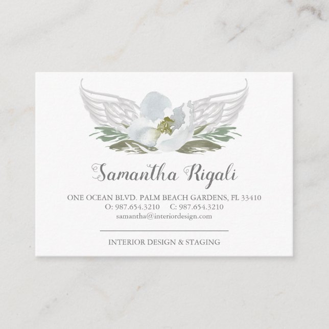 Tarjeta De Recepción Blue Gray Angel Wings Floral Business Cards (Anverso)