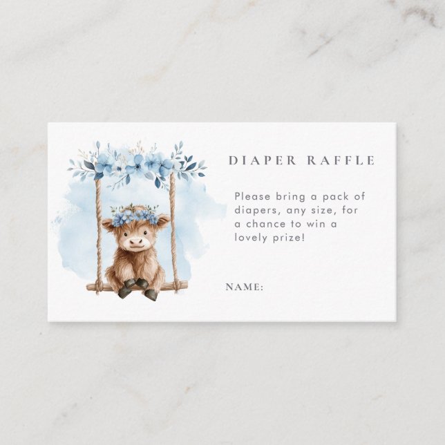 Tarjeta De Recepción Blue Highland Cow Diaper Raffle Baby Shower (Anverso)