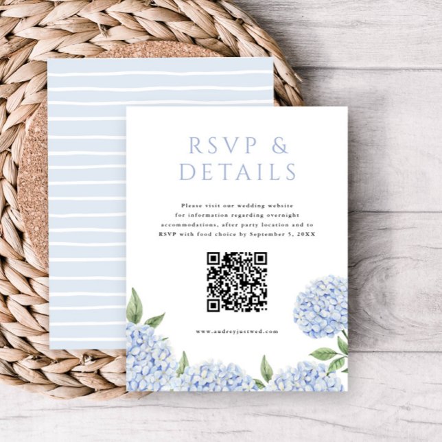 Tarjeta De Recepción Blue Hydrangea Blooms RSVP y Detalles, con código  (Subido por el creador)