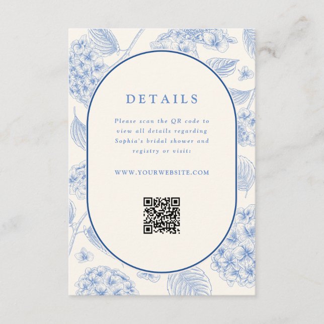 Tarjeta De Recepción Blue Hydrangea Bridal Shower QR Code  (Anverso)