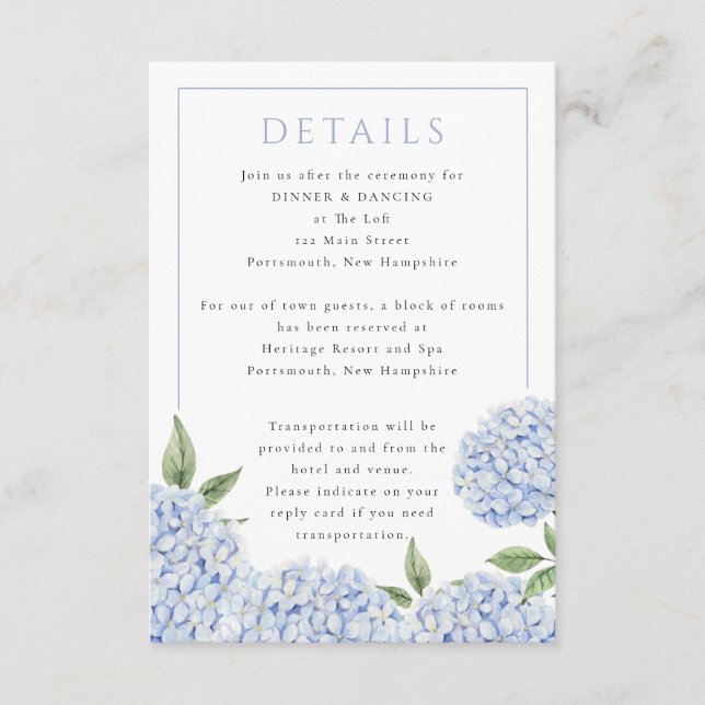 Tarjeta De Recepción Blue Hydrangea Classic Details, Small (Anverso)