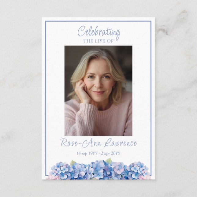Tarjeta De Recepción Blue Hydrangea Funeral Memorial Prayer Card (Anverso)