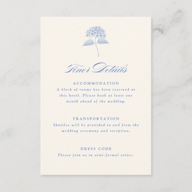 Tarjeta De Recepción Blue Hydrangea Vintage Wedding Details (Anverso)