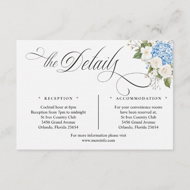 Tarjeta De Recepción Blue Hygrangea Script Details Enclosure Card (Anverso)