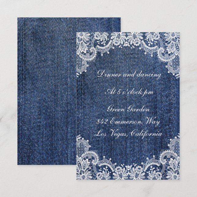 Tarjeta De Recepción Blue Jean Denim Y Lace Weddin (Anverso / Reverso)
