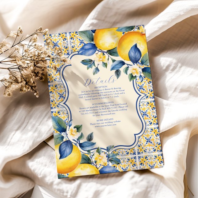 Tarjeta De Recepción Blue Mediterranean Italiano Tile & Lemon Boda (Subido por el creador)