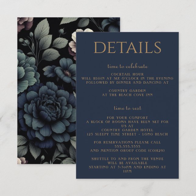 Tarjeta De Recepción Blue Moody Floral (Anverso / Reverso)