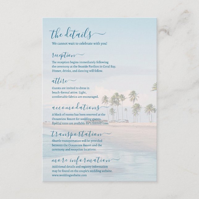 Tarjeta De Recepción Blue Ocean Beach Wedding Details (Anverso)