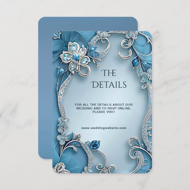 Tarjeta De Recepción Blue Ornate Floral Detail Enclosure Card (Anverso / Reverso)