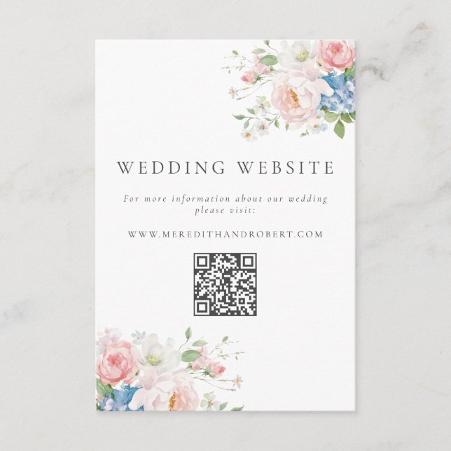 Tarjeta De Recepción Blue & Pink Pastel Floral QR Wedding Website (Anverso)