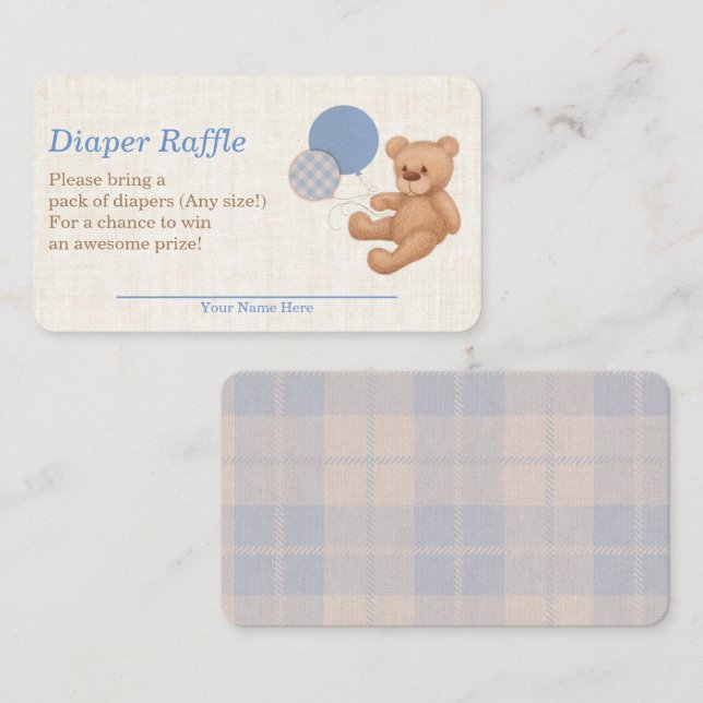 Tarjeta De Recepción Blue Plaid Teddy Bear Baby Shower Diaper Raffle (Anverso / Reverso)