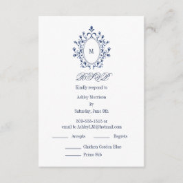 Tarjeta De Recepción BLUE RSVP card Monogram With 2 Entree Choice