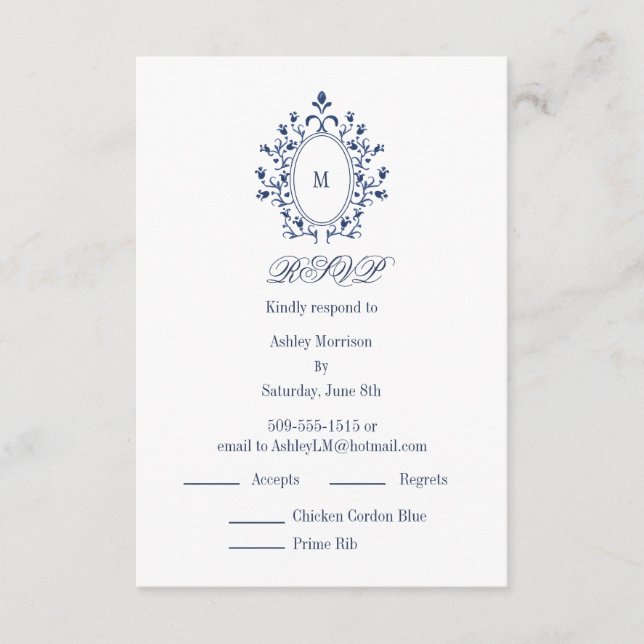 Tarjeta De Recepción BLUE RSVP card Monogram With 2 Entree Choice (Anverso)