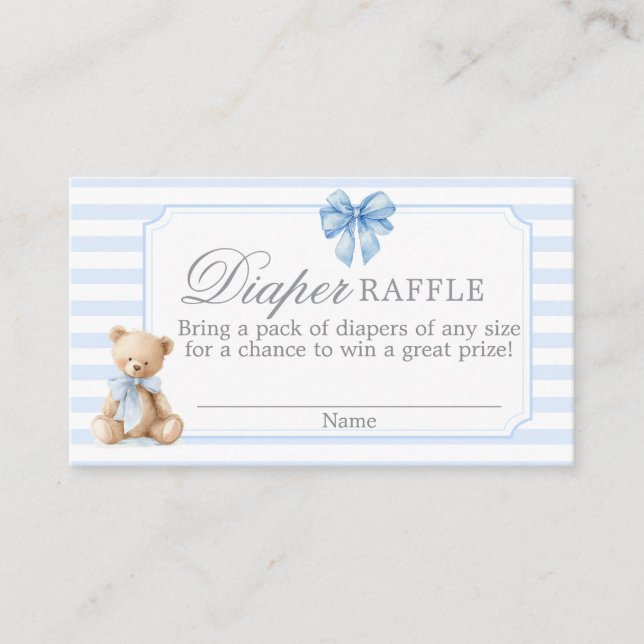Tarjeta De Recepción Blue Stripes Bear Baby shower Diaper Raffle Card (Anverso)