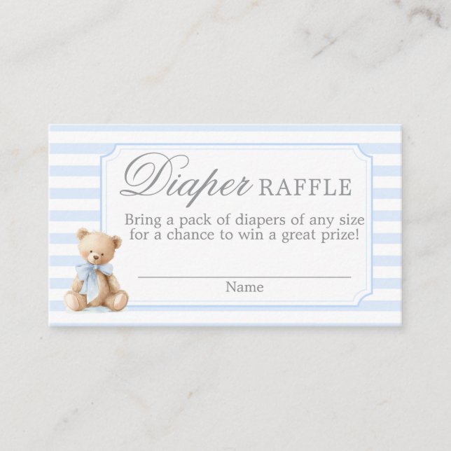 Tarjeta De Recepción Blue Stripes Bear Baby shower Diaper Raffle Card (Anverso)