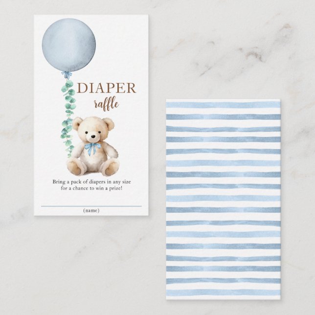 Tarjeta De Recepción Blue Teddy Bear Diaper Raffle Baby Shower Insert (Anverso / Reverso)
