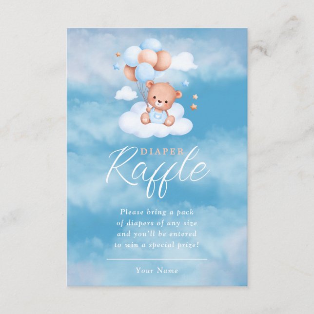 Tarjeta De Recepción Blue Teddy Bear Globos Baby Diaper Raffle (Anverso)
