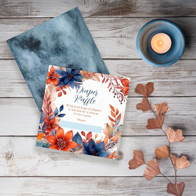 Tarjeta De Recepción Blue Terracotta Fall Baby Shower Diaper Raffle (Boho Blue and Terracotta Fall |  Autumn Floral "Oh Boy!" Baby Shower Diaper Raffle Insert Card)