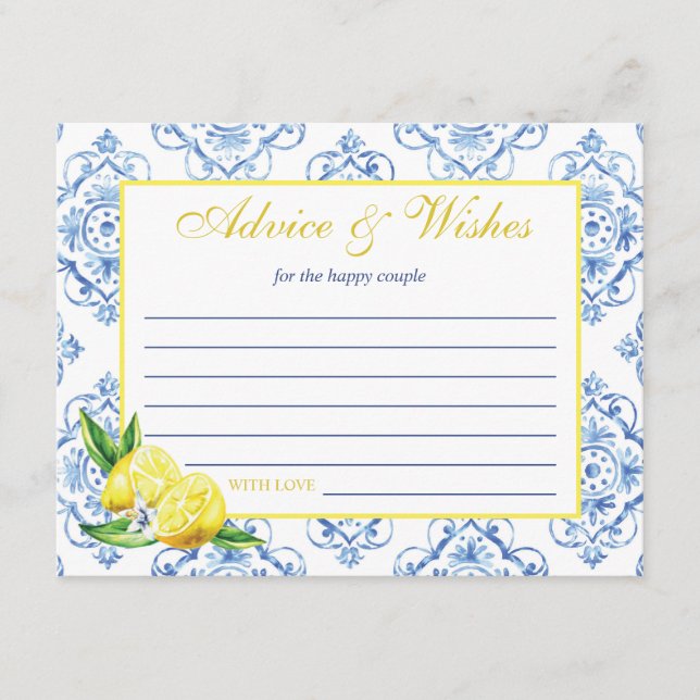 Tarjeta De Recepción Blue Tile Italiano Floral Lemon Consejos y Deseos (Anverso)