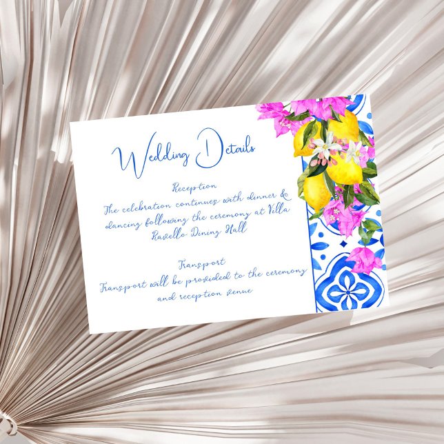 Tarjeta De Recepción Blue Tiles Bougainvillea lemons elegante boda (Blue Tiles Bougainvillea lemons elegant wedding details Enclosure Card Mediterranean themed)