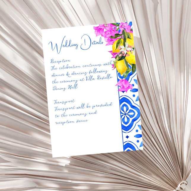 Tarjeta De Recepción Blue Tiles Bougainvillea lemons elegante boda (Blue Tiles Bougainvillea lemons elegant wedding details Enclosure Card)