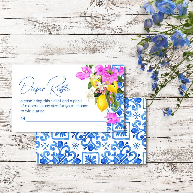 Tarjeta De Recepción Blue Tiles Lemons Bougainvillea diaper raffle (Blue Tiles Lemons Bougainvillea Mediterranean baby shower diaper raffle Enclosure Card)