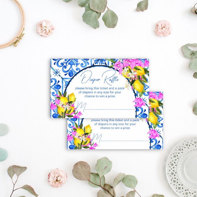 Tarjeta De Recepción Blue Tiles Lemons Bougainvillea diaper raffle (Blue Tiles Lemons Bougainvillea diaper raffle Enclosure Card Mediterranean baby shower raffle card)