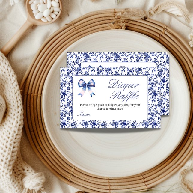Tarjeta De Recepción Blue Toile de Jouy Bow Baby Shower Diaper Raffle (Subido por el creador)
