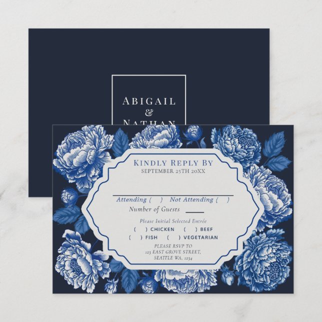Tarjeta De Recepción Blue Toile De Jouy Peony Wedding RSVP (Anverso / Reverso)
