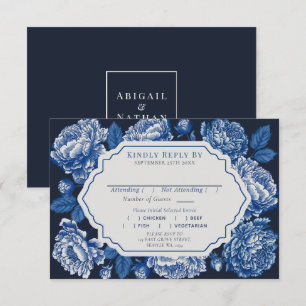Tarjeta De Recepción Blue Toile De Jouy Peony Wedding RSVP