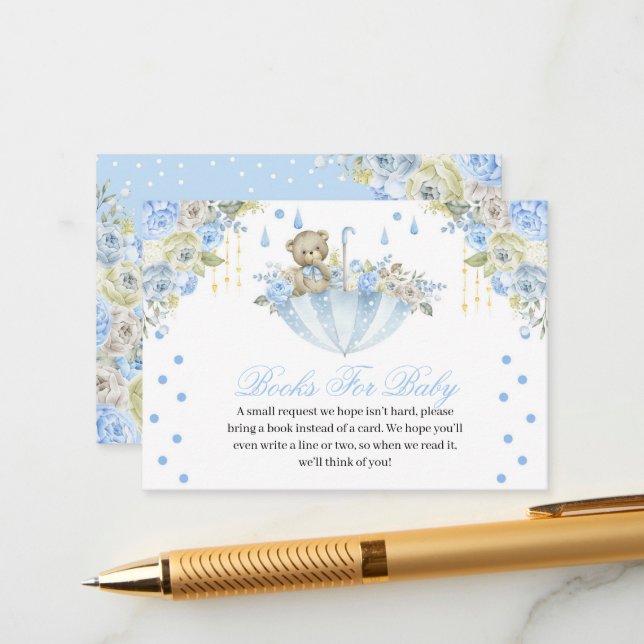 Tarjeta De Recepción Blue Umbrella Teddy Bear Boys para bebé (Anverso/Reverso In Situ)