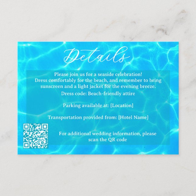 Tarjeta De Recepción Blue Water Beach & Destination Wedding Ocean Theme (Anverso)