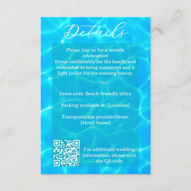 Tarjeta De Recepción Blue Water Beach & Destination Wedding Ocean Theme (Anverso)