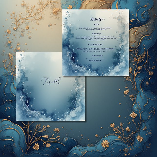 Tarjeta De Recepción blue white Dreamy coastal marble ink wedding (Subido por el creador)