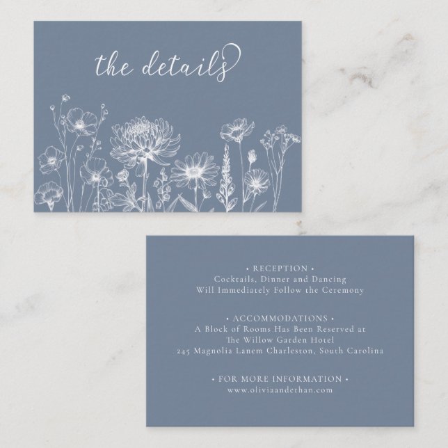Tarjeta De Recepción Blue Wildflower Details Card Periwinkle Wedding (Anverso / Reverso)