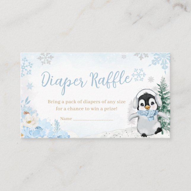 Tarjeta De Recepción Blue Winter Penguin Baby Shower Diaper Raffle (Anverso)