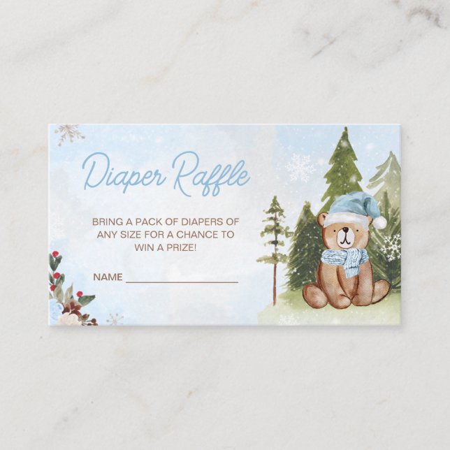 Tarjeta De Recepción Blue Winter Woodland Baby Shower Diaper Raffle (Anverso)