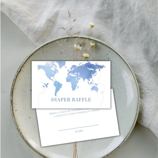 Tarjeta De Recepción Blue World Map Travel Diaper Raffle Baby Shower (Blue World Map Travel Diaper Raffle Baby Shower Enclosure Card)