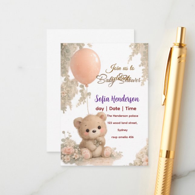 Tarjeta De Recepción Blush  Bear Soft Water colour floral baby shower (Anverso/Reverso In Situ)