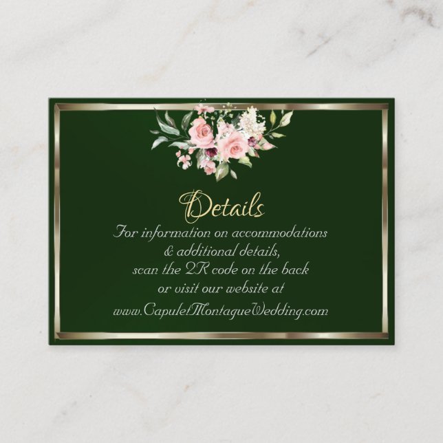 Tarjeta De Recepción Blush Floral, QR Code - Emerald (Anverso)