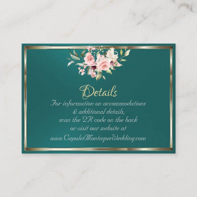 Tarjeta De Recepción Blush Floral, QR Code - Teal (Anverso)