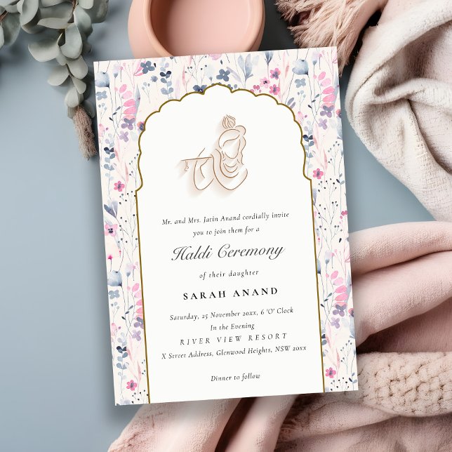 Tarjeta De Recepción Blush Gold Floral Krishna Boda Hindú India Haldi (Subido por el creador)