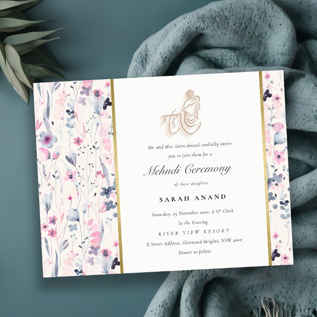 Tarjeta De Recepción Blush Gold Floral Krishna Bodas Indias Mehndi (Subido por el creador)