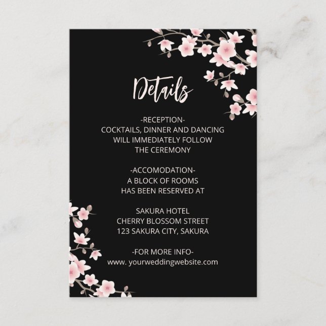 Tarjeta De Recepción Blush Pink Cherry Blossoms Black Wedding Details (Anverso)