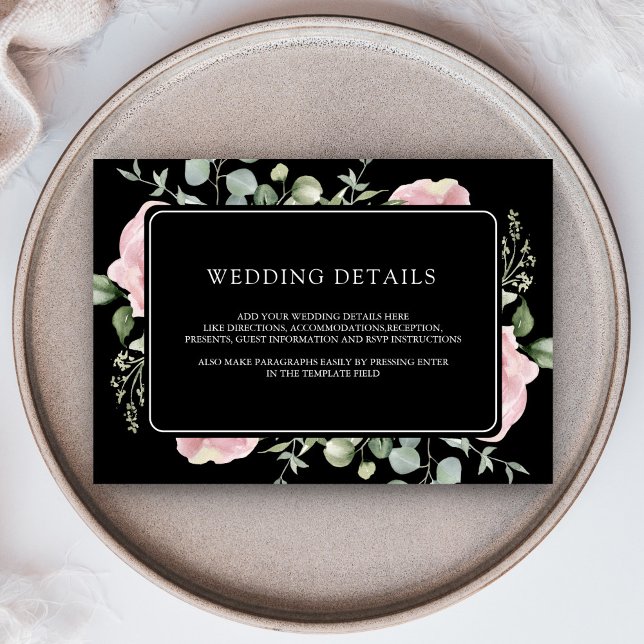 Tarjeta De Recepción Blush Pink Floral Eucalyptus Black Wedding Details (Subido por el creador)