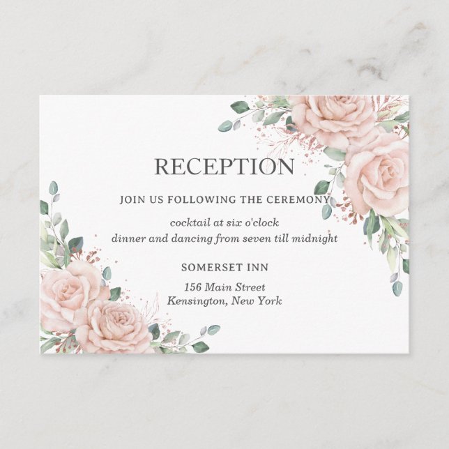 Tarjeta De Recepción Blush Pink Floral Rose Gold Wedding Reception (Anverso)