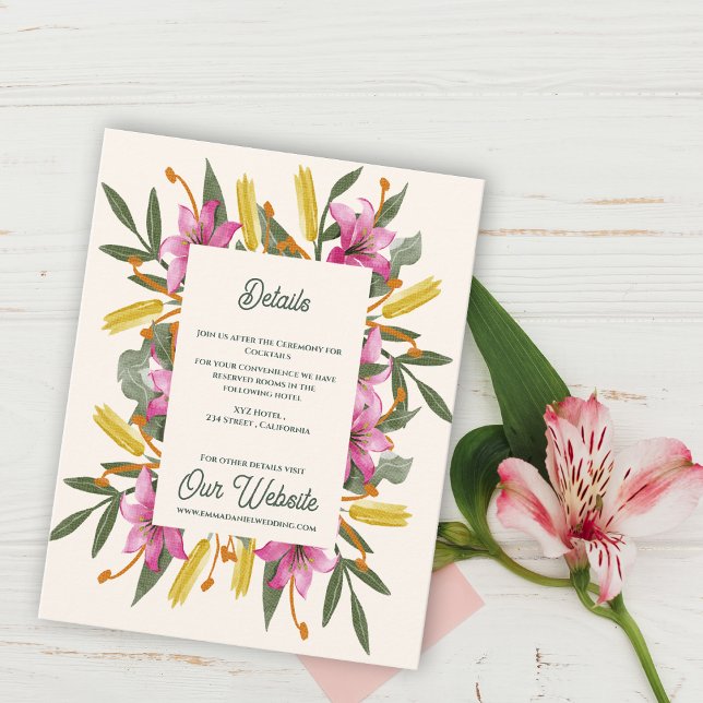 Tarjeta De Recepción Blush Pink Lily Botanical Wedding Information (Blush Pink Lily Botanical Wedding Details Card | Romantic Watercolor Floral Information Insert Card)