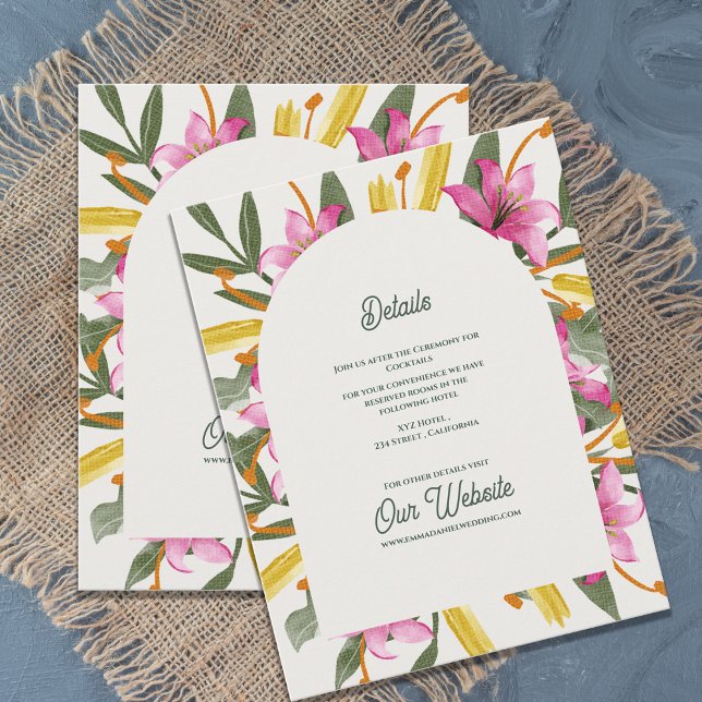 Tarjeta De Recepción Blush Pink Lily Floral Arched Wedding Details (Blush Pink Lily Arched Wedding Details Card | Romantic Botanical Floral Arch Garden Wedding Insert)