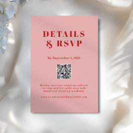 Tarjeta De Recepción Blush Pink Red Bold Font QR Code Wedding RSVP 